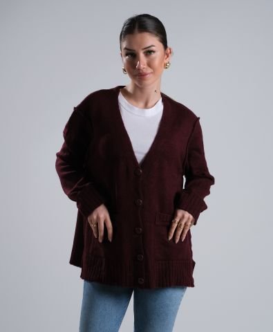 Bordo Düğmeli Cepli Hırka