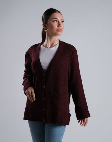 Bordo Düğmeli Cepli Hırka