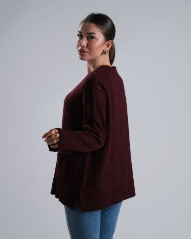 Bordo Düğmeli Cepli Hırka