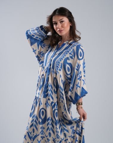 Bluely Desenli Uzun Elbise