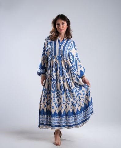 Bluely Desenli Uzun Elbise