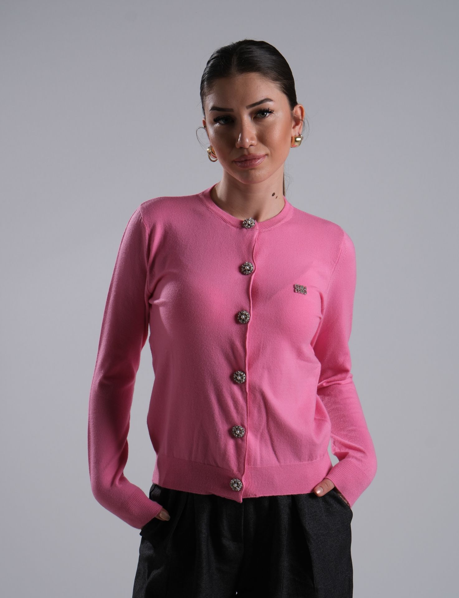 Taş İşlemeli Pembe Triko